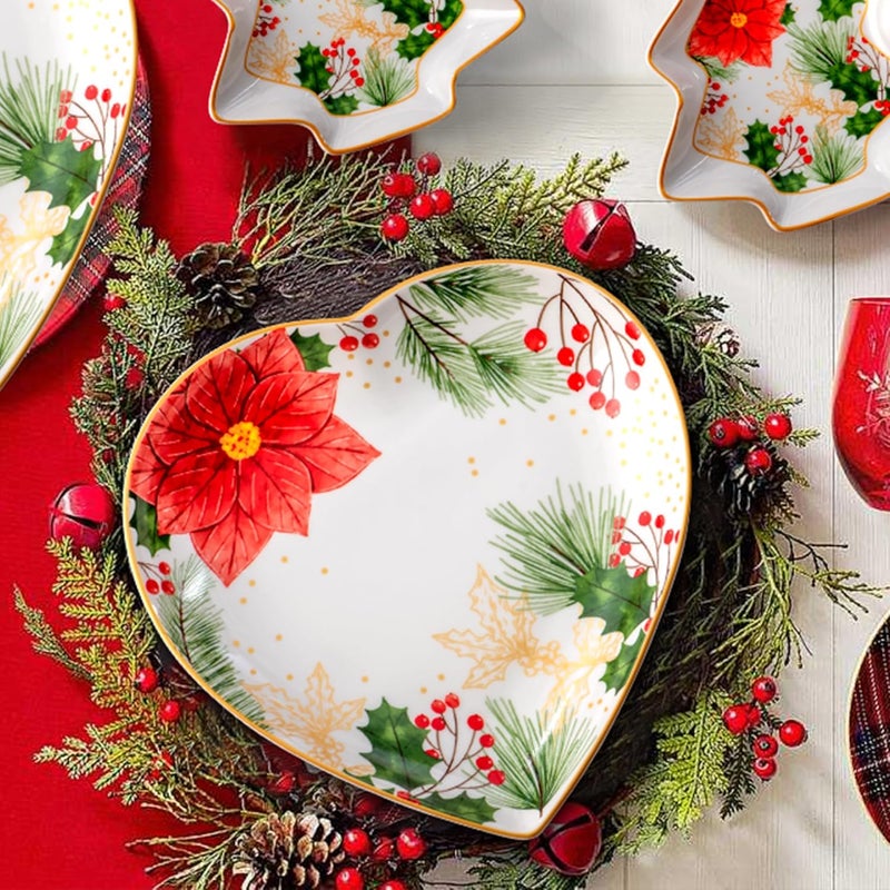 fMSDD 8 Inch Heart Shape Plate with Christmas Pattern, Ceramic Tray for Serving Appetizer, Cake, Candy and Holiday Dishes, for Holiday Table, Christmas Party or Festival Celebrations, Set of 2, Red Berries - Image 3